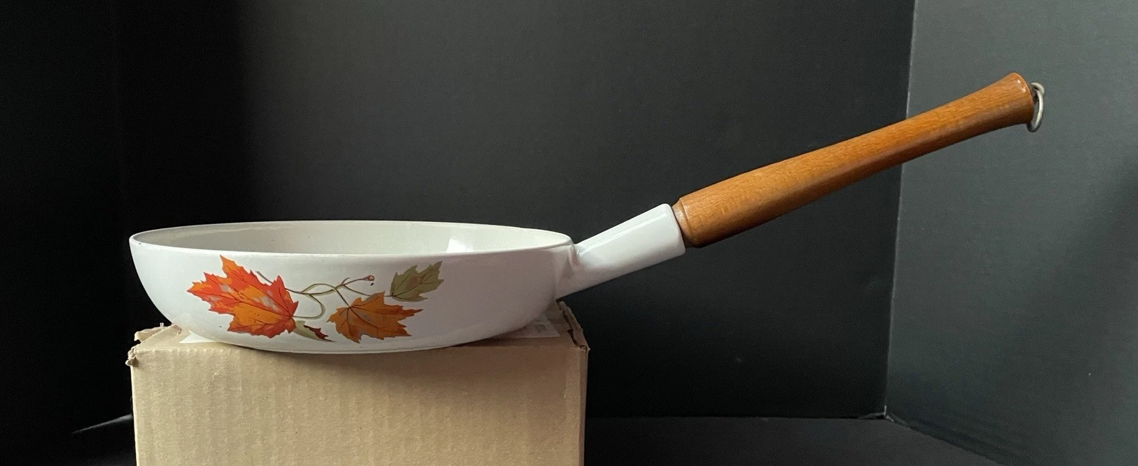 DESCOWARE Belgium 9.5” White Enameled Cast Iron Skillet, w/Leaves & Wood Handle
