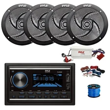 Pyle Double DIN BT Marine Receiver, BT Amp w/Kit, 4X 5.25" 180W Speakers, Wire