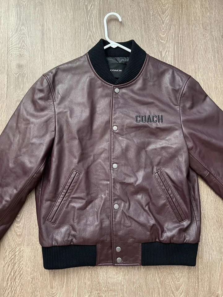 Coach Men's Leather Wool Logo Bomber Varsity Jacket Coat Burgundy Medium Mens - Image 4 of 4