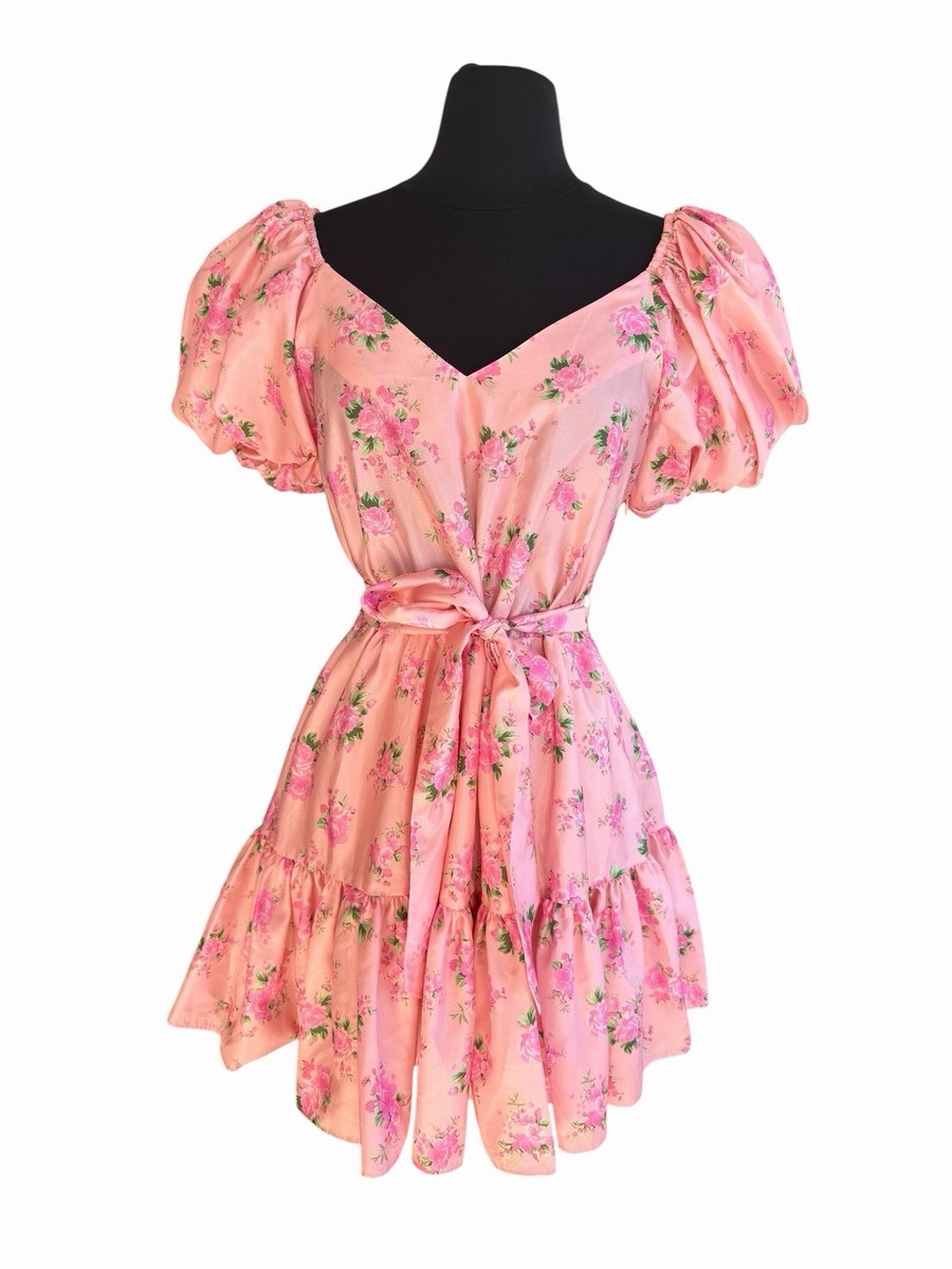 love shack fancy pink floral dress Love Shack Fancy X Target Cecile Pink Satin Floral Puff Sleeve Mini Dress  Sz 2