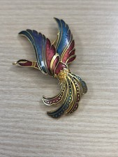 Vintage Brosche Groß Cloisonne Emaille Paradiesvogel Goldfarben Pin