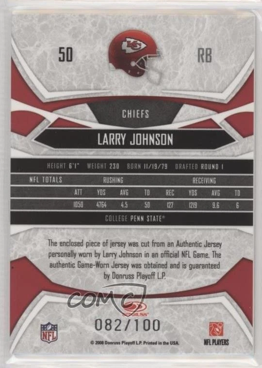 2008 Donruss Gridiron Gear O's Materials Jerseys /100 Larry Johnson #50 - Image 2 of 2