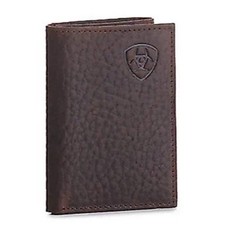 New Men's Ariat Brown LEATHER TRI-FOLD WALLET w/ Shield logo Slim fit design