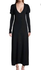 REBECCA TAYLOR Ribbed Knit V-Neck Puff Sleeves Midi Dress Stretch Black Size S