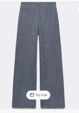 Zara Women s Grey Marl Soft Seam knit High Waist Wide-Leg Trousers Pants Size L