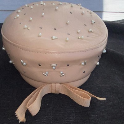 Calsport Hats Women s Beige Pillbox Hat Faux Leather Pearl Rhinestone Bow 7 1/2
