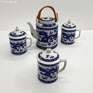 Vintage Chinese Blue & White Porcelain Dragon Tea Set Teapot 3 Lidded Mugs 8pc