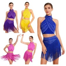 Womens Costume Ruched Outfit Nightclub Dress Skirt Dancewear 2 Piece Sleeveless