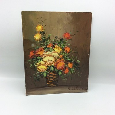 Rant Buic Vintage Floral Oil Painting Wood Panel Basket of Roses Retro 70s MCM