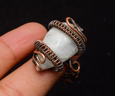 Rainbow Moonstone Gemstone Copper Wire Wrapped Handmade Jewelry Ring Size 9