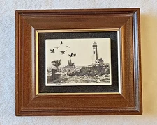 Vintage Etched Light House Ocean Birds on Cultured Marble  -Marked NCT BA