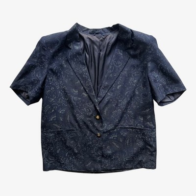 Vintage 90s Damen Marina Rinaldi Navy Paisley Print Kurzarm Seide Blazer