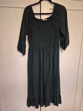 Fatface Adele Midi Dress Dark Green Size 14 Shirred Waist 3/4 Sleeve