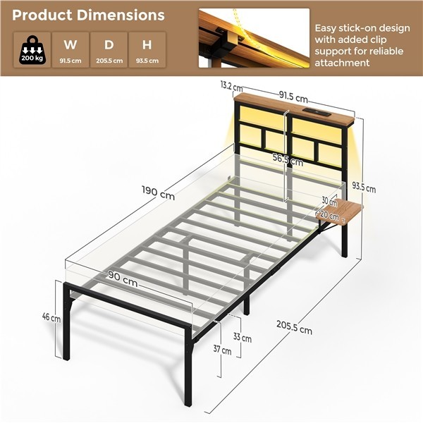 Single Metal Platform Bed Frame with Shelf, LED Headboard & Charging Station