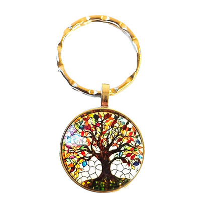 Stained Glass Tree of Life Keychain Colorful Glass Dome Charm with Mosaic Design