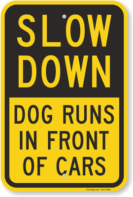 - K-9324-AL-12x18 ''Slow Down - Dog Runs In Front Of Cars'' Sign | 12'' x 18'' Alumi