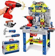 Kids Tool Kit Set with Electric Drill, 32 Inch Folding Workbench, 132pcs