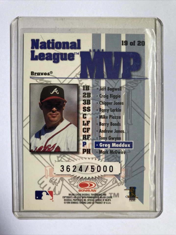 1998 LEAF Rookies & Stars MVP Greg Maddux Card #19 of 20 HOF - Image 2 of 2
