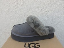 UGG DISQUETTE CHARCOAL SUEDE/ SHEEPSKIN PLATFORM SLIPPERS, US 7/ EUR 38 NEW