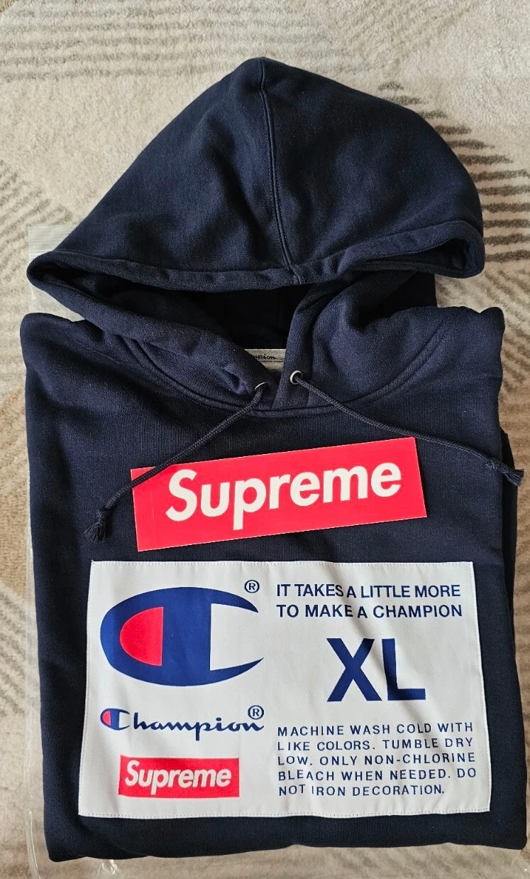 Felpa con cappuccio Supreme X Champion Navy Label taglia XL