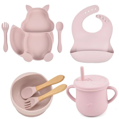 8PCS/Set Baby Sucker Bowl Plate Cup Bibs Spoon Fork Sets Children Feeding Dishes - Picture 35 of 51