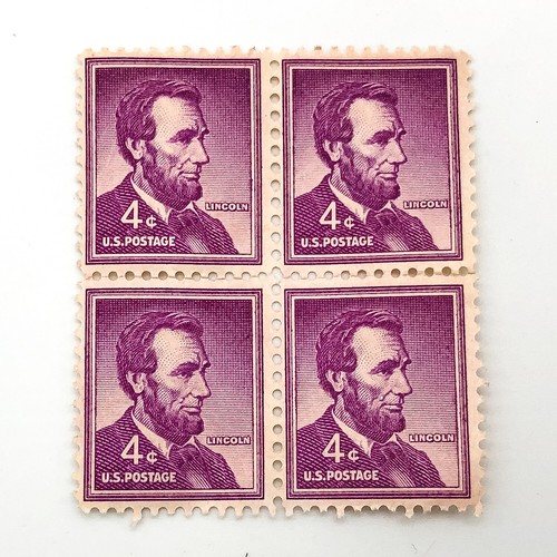 1954 Abraham Lincoln 4 Cent Stamp Block of 4 Purple Liberty Series Back Damage - Picture 7 of 11