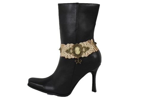 Women Vintage Gold Chain Boot Lace Wide Strap Western Shoe Band Punk Rock Bow - Picture 11 of 12