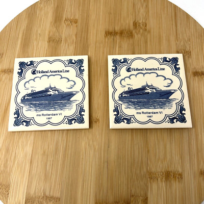 Delft Holland America Line Ceramic Tile Coaster ms Rotterdam VI 1997 Blue Ivory