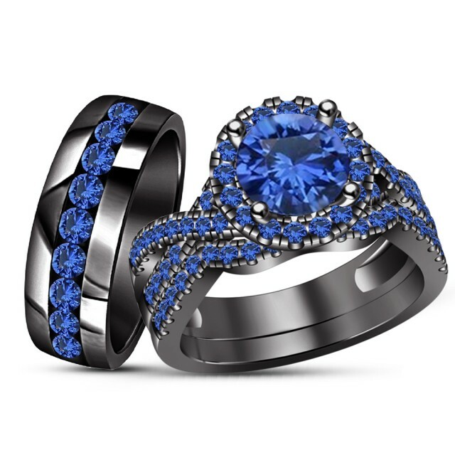 Blue Sapphire Trio Wedding Ring His / Hers Bridal Bands