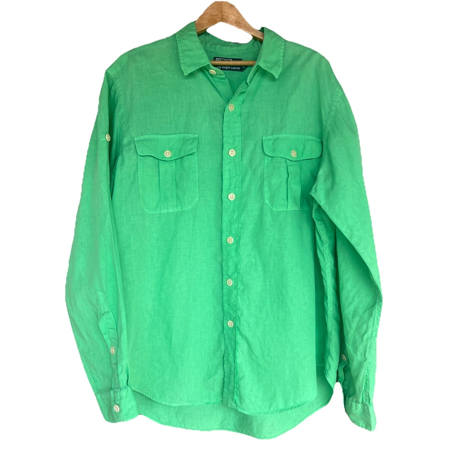 Polo Ralph Lauren Lime Green Linen Shirt Men’s Size Large Roll Tab Sleeves