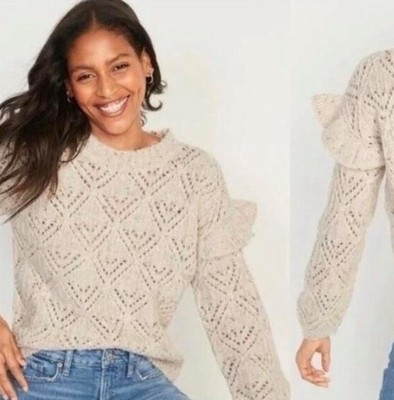Old Navy Wool Ivory Cable Knit Ruffle Crew Neck Pullover Sweater Long Sleeve L