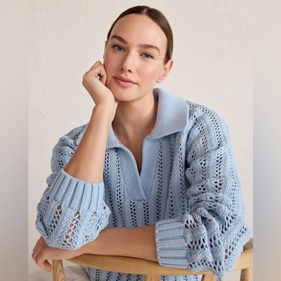Haven Well Within Chunky Open Stitch Johnny Collar Pullover Sweater Blue XL NWT