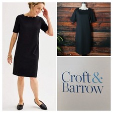 Croft & Barrow Shift Dress PS Small Petite Black Scallop Neck Midi NWT