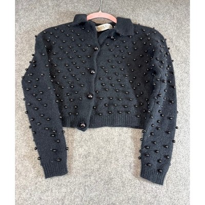 VTG Valerie Stevens Womens Cardigan Black Beaded Angora Lambswool Crop PS
