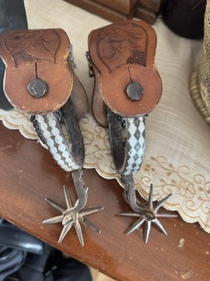 Colonial Jingle Bob Spurs W Hand Tooled Vintage Fasteners Double Mount