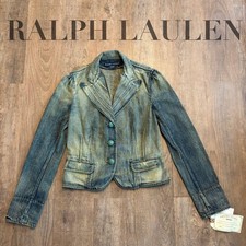 Ralph Lauren Womens Vintage Denim Blazer Jacket Jewel Buttons Indigo L 12oz