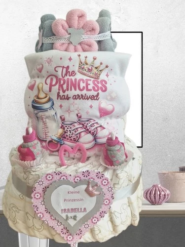 Windeltorte Mädchen rosa mit Babybody Babysöckchen personalisiert 