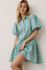 J.Crew Floral Mini Shirt Dress Size 10 Green Pink Cotton Puff Sleeve NWT