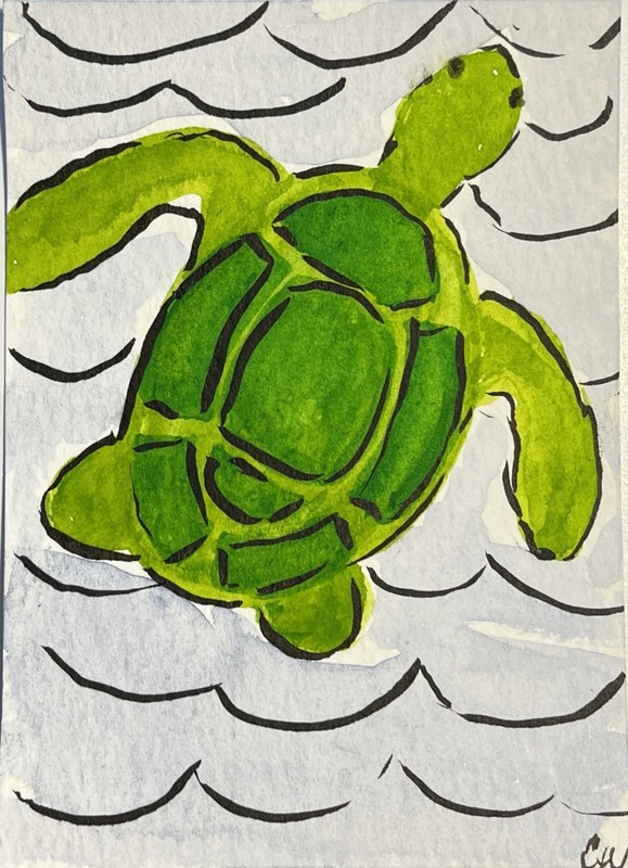 ACEOR Card Of A Whimsical Sea Turtle In Green Watercolor And Ink Signed Original