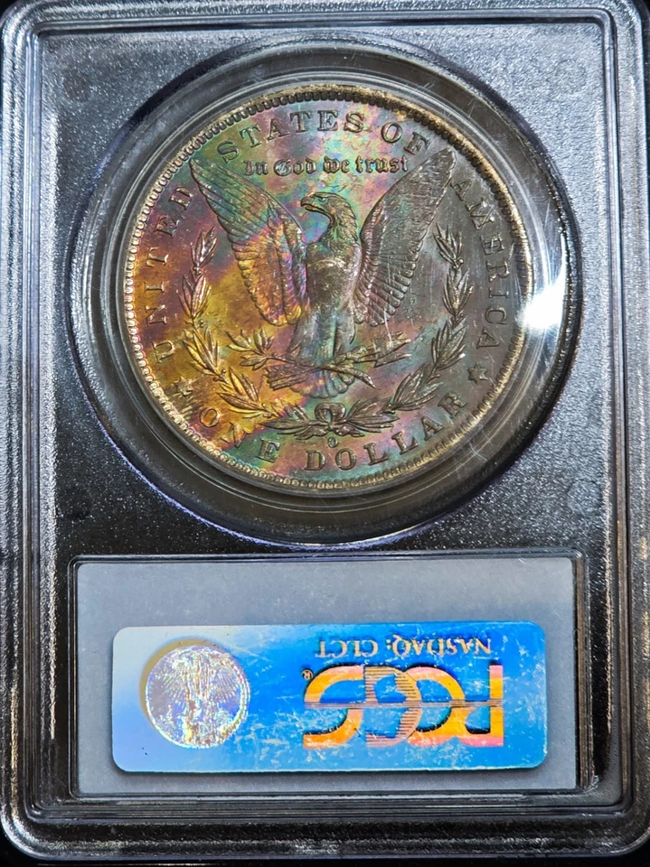 1885-O Morgan Silver Dollar $1 PCGS MS63 Textile Rainbow Monster EOR Toned Coin - Image 2 of 4