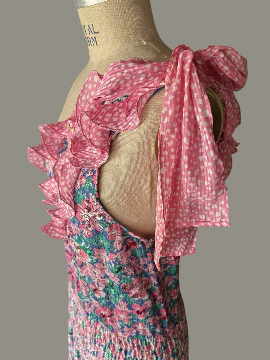 Vintage 80s Diane Freis One Shoulder Ruffle Sequin Maxi Dress O/S