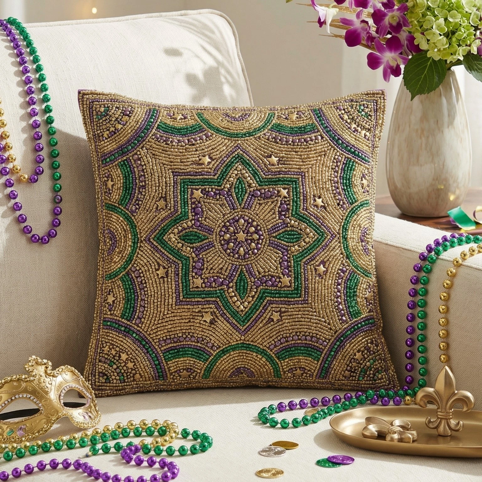 Mardi Gras Beaded Decorative Throw Pillow Cover - Available in 16x16, 18x18,