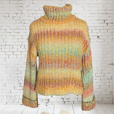 Vtg RD Style Sweater Y2K Sz Small 42'' Bust Rainbow Chunky Knit Cowl Neck Ribbed