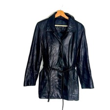 Vtg winlit ladies Y2K black leather jacket cinch waist size small retro