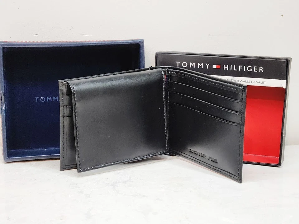 Новый в коробке Tommy Hilfiger мужской черный кожаный бумажник с 6 кредитных карт карманы и... - Изображение 2 из 4