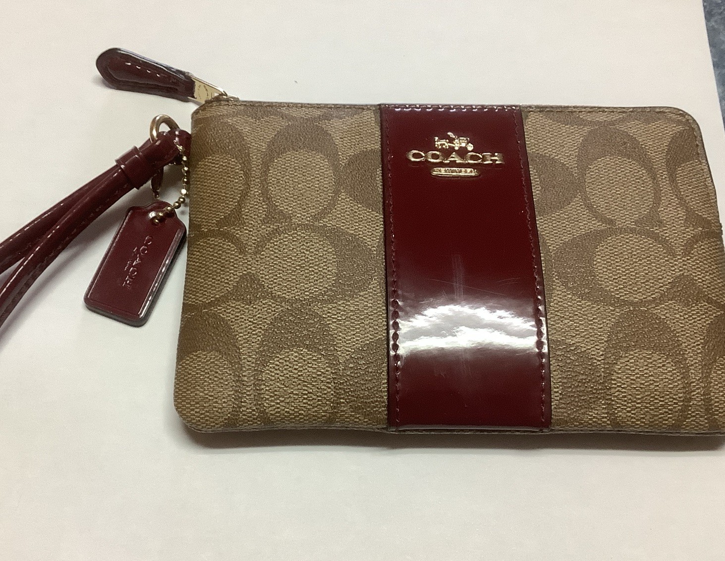 Coach Signature Corner Zip Wristlet Khaki & Burgundy