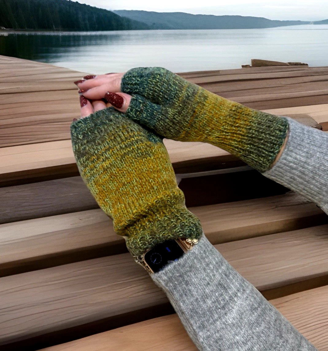 Handmade Women's Wool Blend Green Colorful Knit Fingerless Soft Mittens Gloves