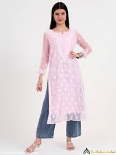Baby Pink Georgette Chikankari Straight Kurta With Inner Lucknowi Chikankari Top