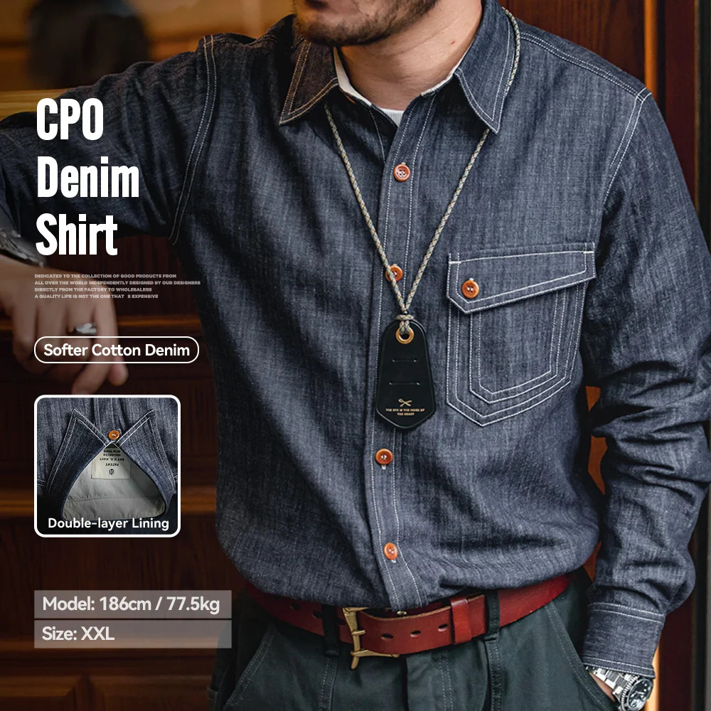 Retro Thin Long-sleeved Denim Shirts Single-breasted Lapel Collar Stitch Cotton