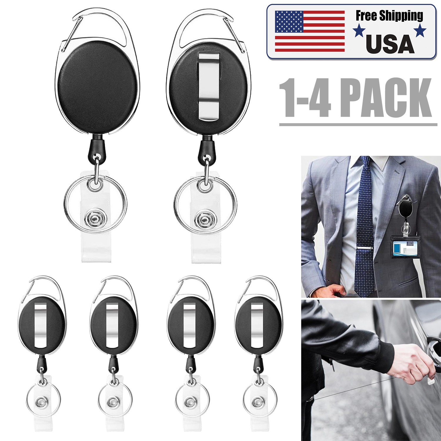 4× Retractable Pull Badge Reel ID Lanyard Keychain Name Tag Card Holder ...